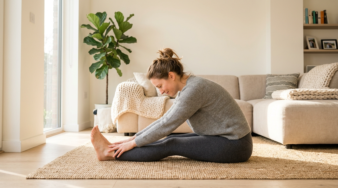 Frau macht Yogadehnung im hellen Wohnzimmer